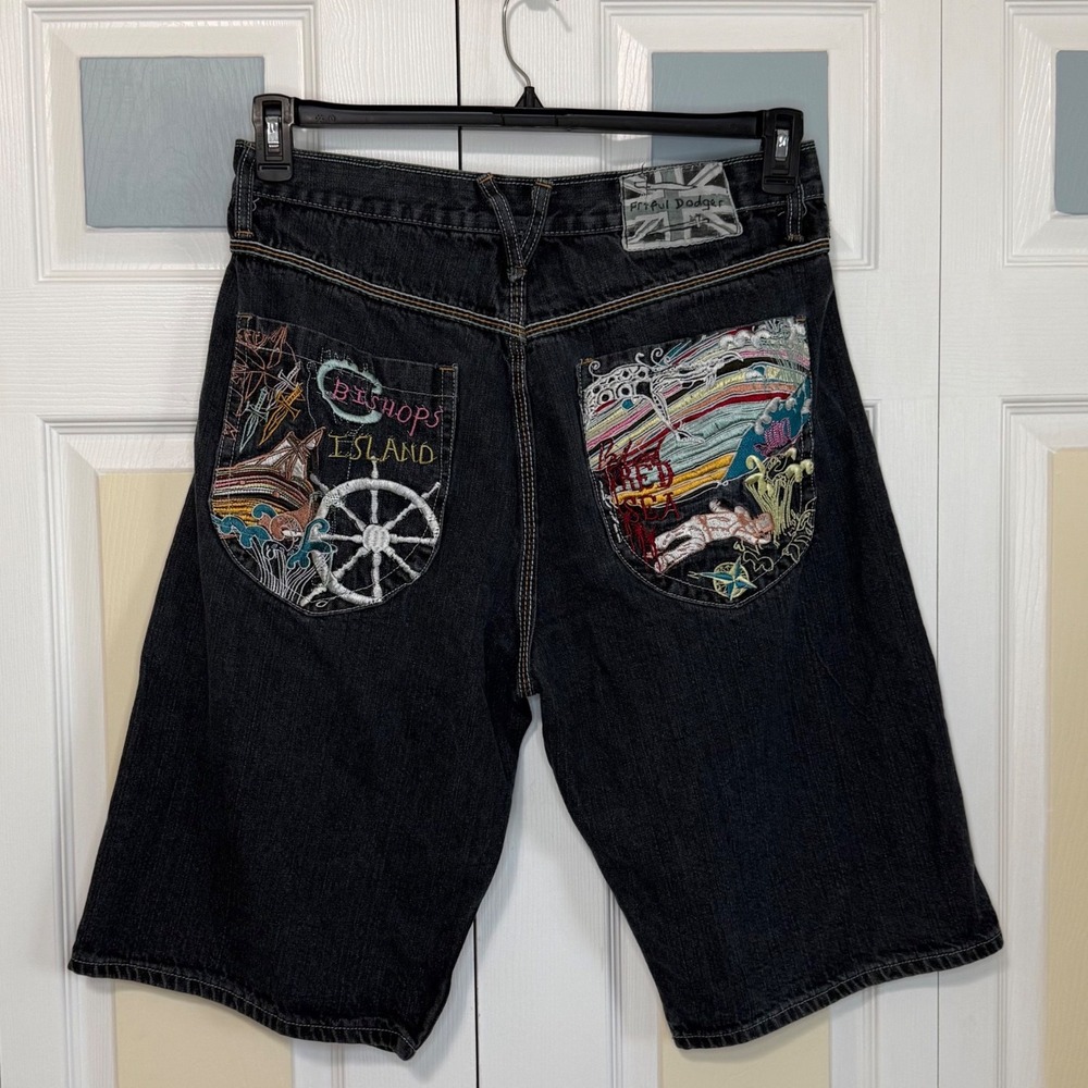 Artful Dodger Mens Embroidered Denim Shorts Black Bishops Island Red Sea Size 36